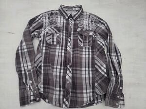 Pop Icon Western Shirt Gray White Pearl Snaps Embroidery Mens Size L Long Sleeve